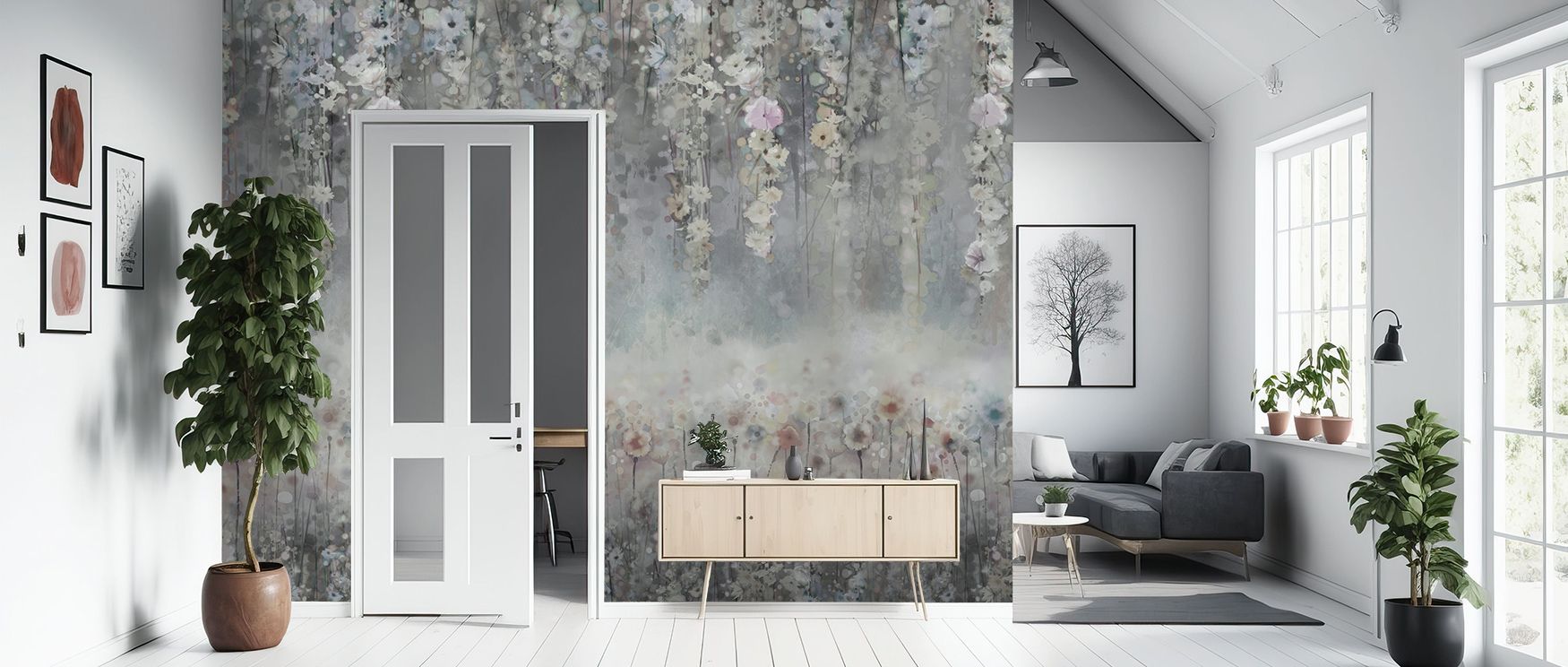 Delicate blossoms glow in the Wisteria Blue Wallpaper, tones layered with soft rhythm enrich interiors with atmosphere of serenity, surrounding bedrooms, living areas, or hallways with artistry that inspires elegance and timeless refinement. 
