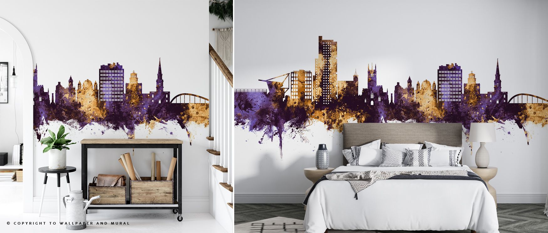 The Wolverhampton England Skyline Purple & Gold Wallpaper glows with regal palette, tones layering refinement into interiors, surrounding bedrooms, hallways, or living spaces with artistry that radiates grandeur, calm, and timeless elegance. 