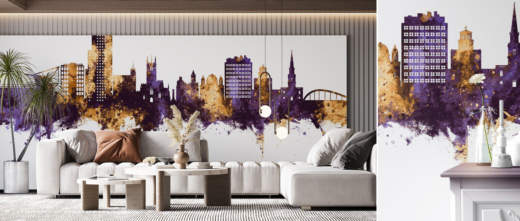 In the Wolverhampton England Skyline Purple & Gold Wallpaper, silhouettes etched with regal brilliance enrich interiors with atmosphere of refinement, surrounding bedrooms, hallways, or living spaces with artistry that inspires grandeur and sophistication