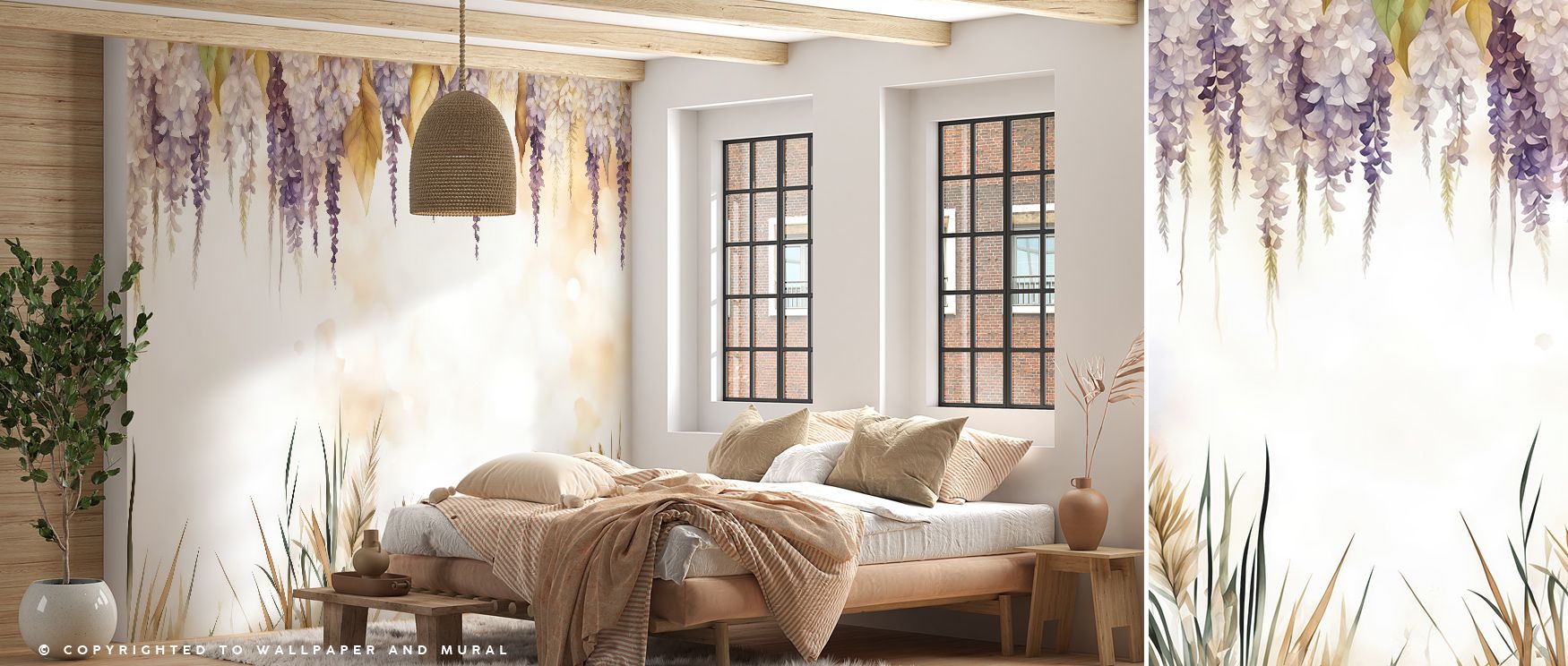 In the Wonderful Wisteria Warm Wallpaper, cascading flowers painted in warm hues enrich interiors with atmosphere of elegance, surrounding bedrooms, dining rooms, or hallways with artistry that inspires timeless serenity and charm. 