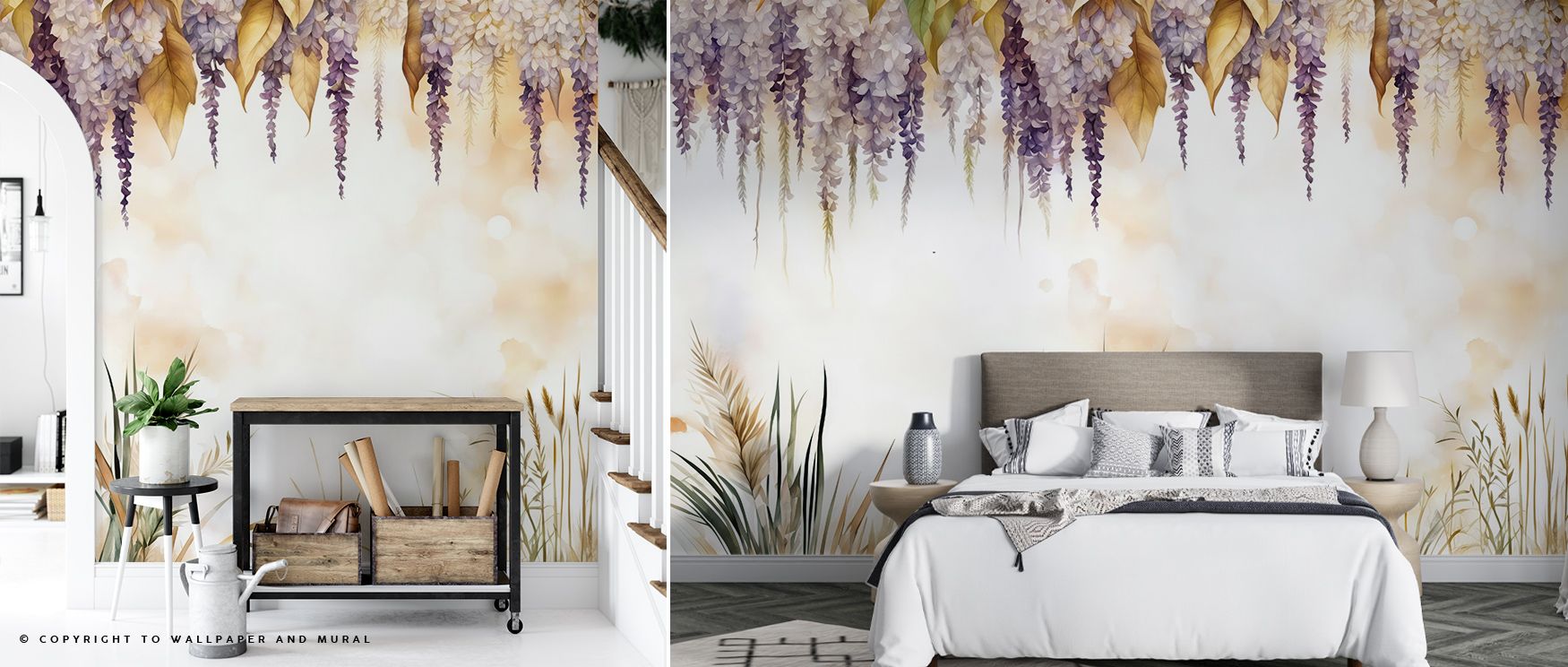 Blossoms painted in radiant tones define the Wonderful Wisteria Warm Wallpaper, warm shades enriching interiors with atmosphere of charm, surrounding bedrooms, living areas, or hallways with artistry and timeless serenity that feels refined and balanced. 