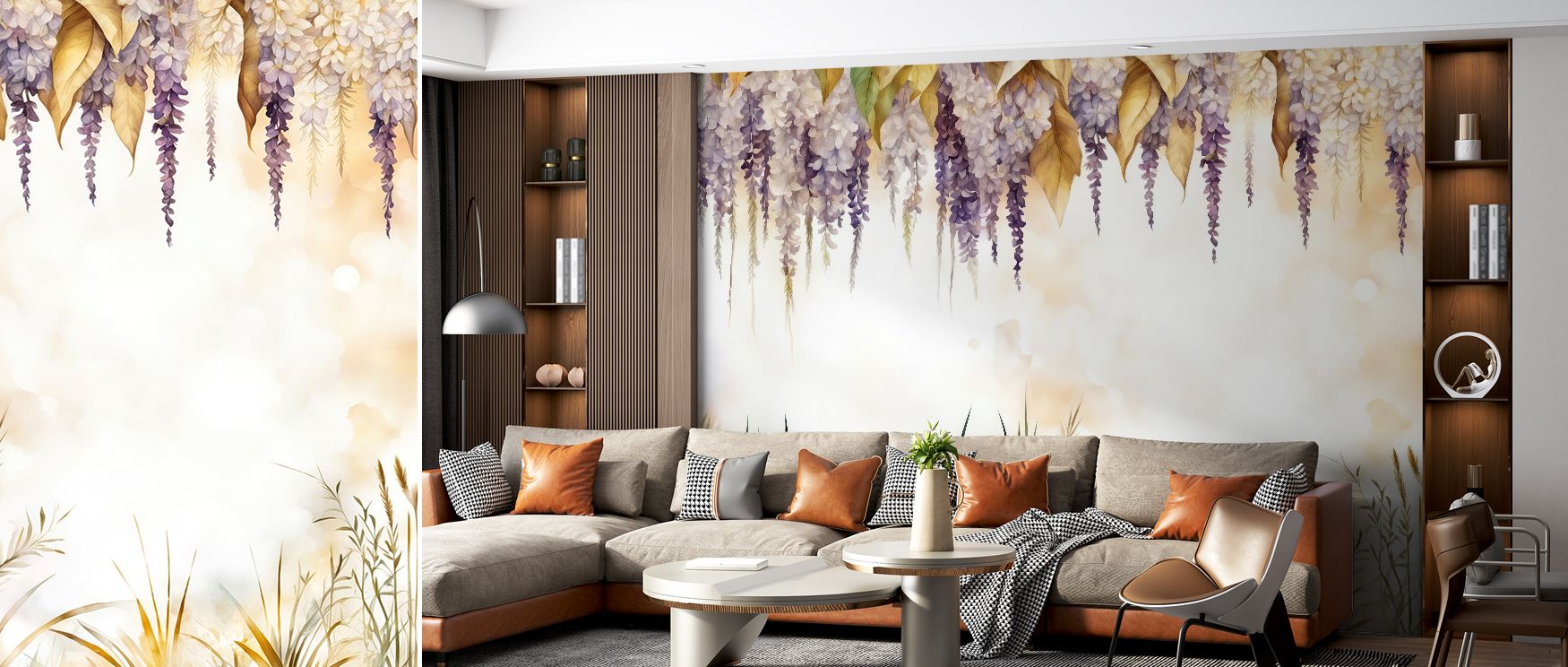 The Wonderful Wisteria Warm Wallpaper radiates with blossoms painted in warm tones, enriching interiors with atmosphere of balance, surrounding bedrooms, living areas, or hallways with artistry and timeless refinement. 