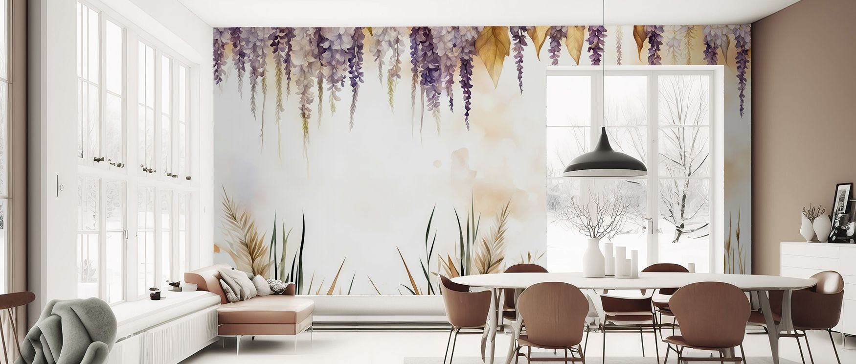 Cascading artistry defines the Wonderful Wisteria Warm Wallpaper, blossoms painted in glowing warm tones enrich interiors with atmosphere of calm balance, surrounding bedrooms, dining areas, or hallways with artistry and timeless elegance.