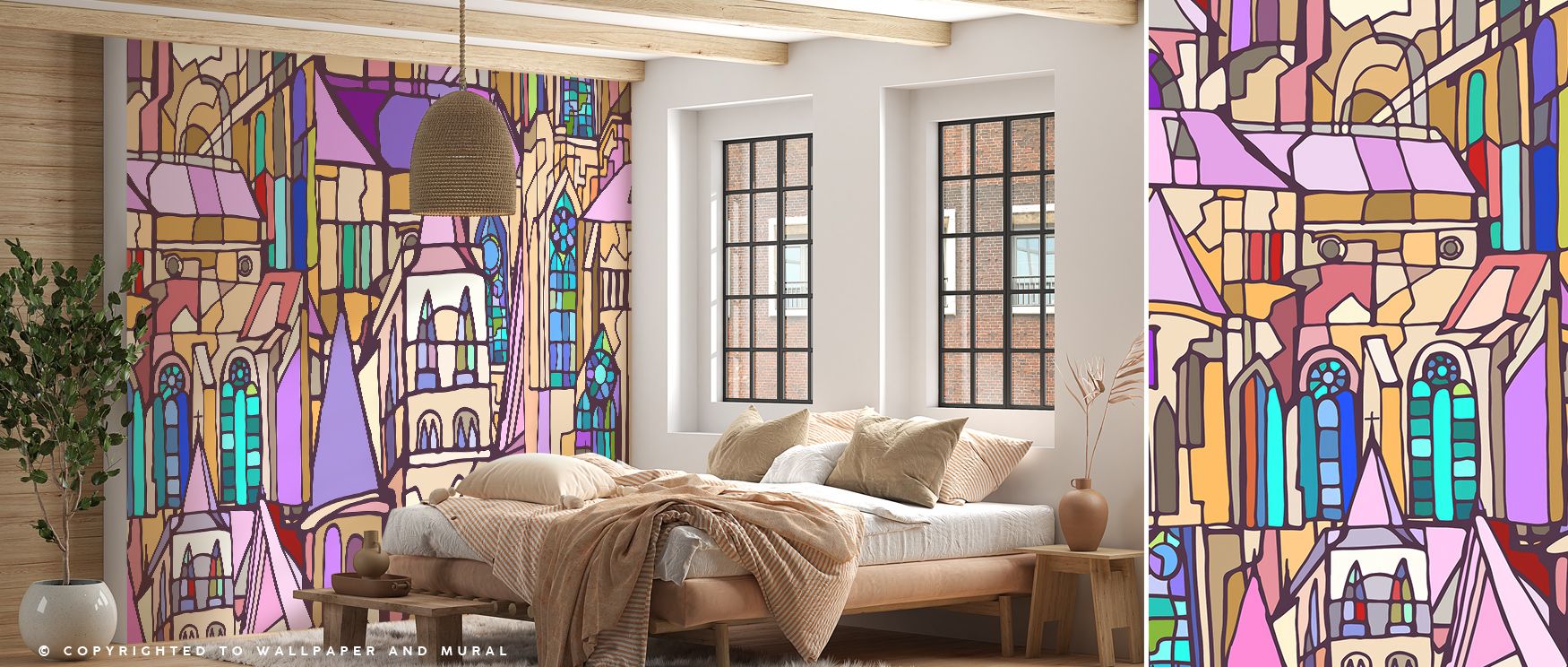In the Wonderland Church Wallpaper, architectural beauty glimmers with dreamlike detail, enriching interiors with atmosphere of calm magic, surrounding bedrooms, living areas, or hallways with artistry and timeless sophistication. 
