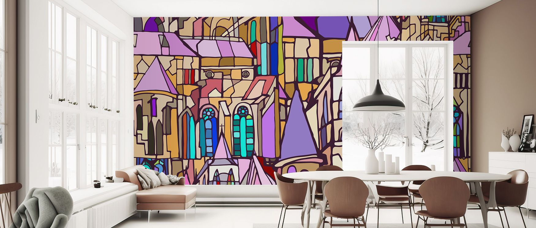 Architectural whimsy shines through the Wonderland Church Wallpaper, painted tones enriching interiors with atmosphere of elegance, surrounding bedrooms, hallways, or living areas with artistry and timeless wonder.