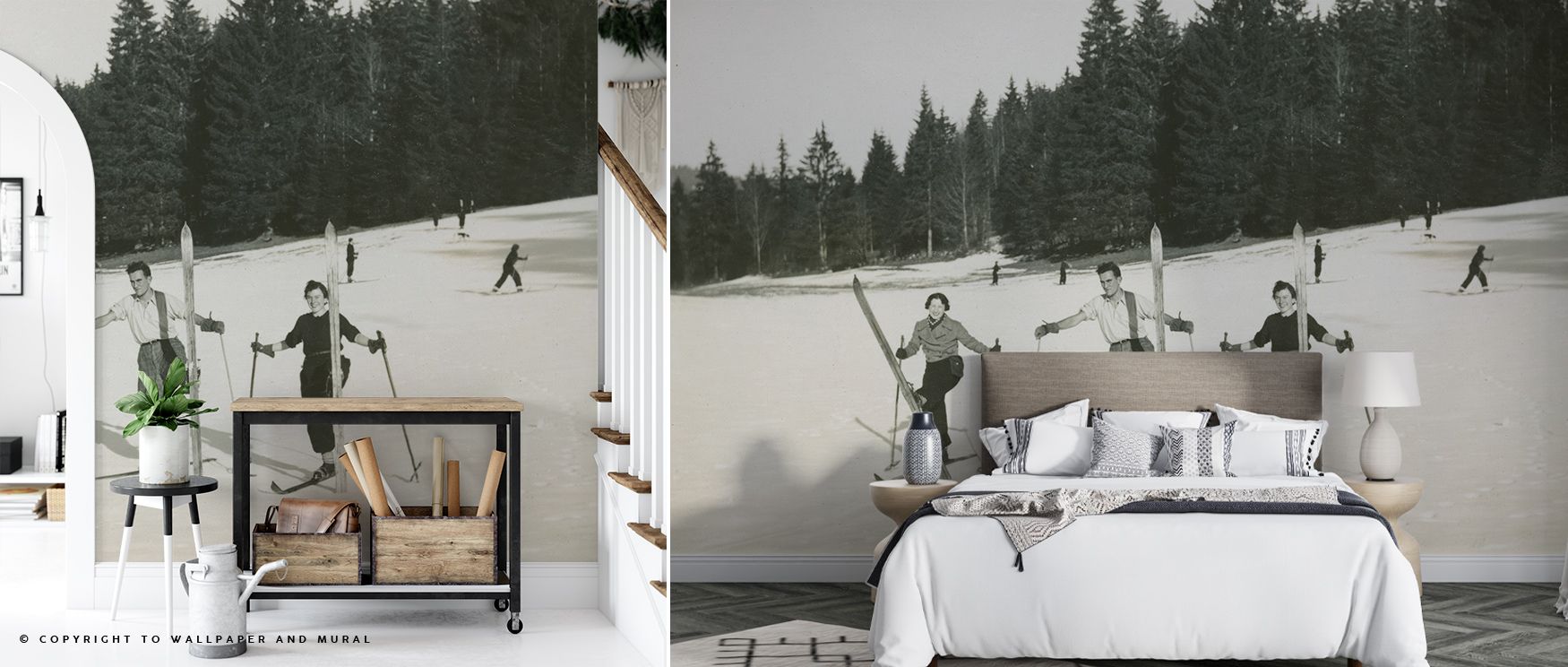 Vintage imagery breathes through the Wooden Skis Wallpaper, rustic tones enriching interiors with atmosphere of coziness, surrounding bedrooms, hallways, or living areas with artistry that radiates timeless charm and refinement. 