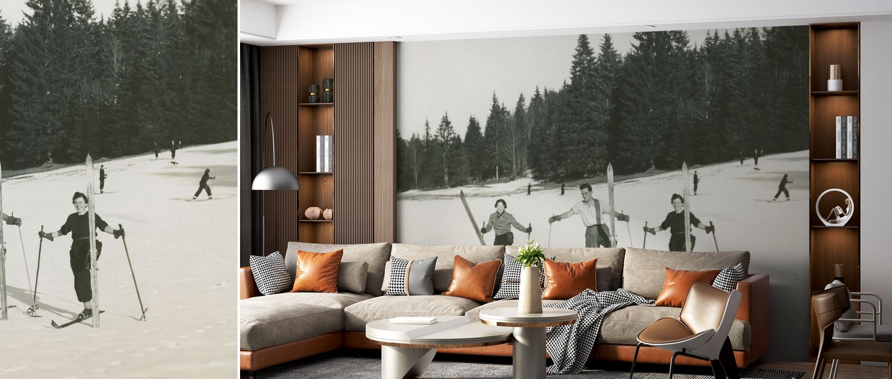Nostalgic elegance defines the Wooden Skis Wallpaper, rustic imagery glowing with warmth enriches interiors with atmosphere of sophistication, surrounding bedrooms, dining areas, or hallways with artistry and timeless charm. 
