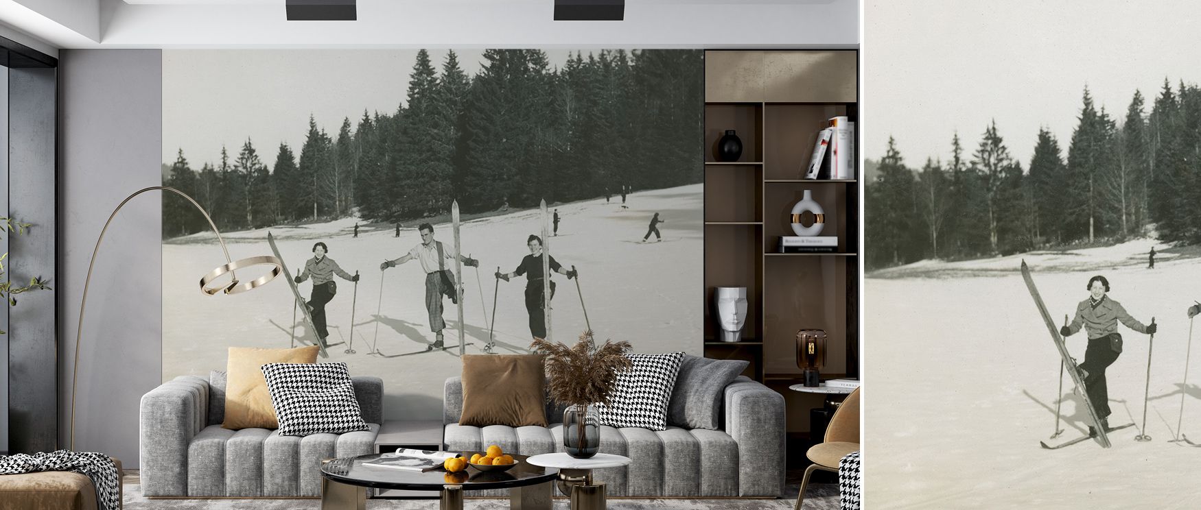 Rustic tones shine through the Wooden Skis Wallpaper, designs painted with nostalgic charm enrich interiors with atmosphere of warmth, surrounding bedrooms, dining areas, or hallways with artistry and timeless elegance.
