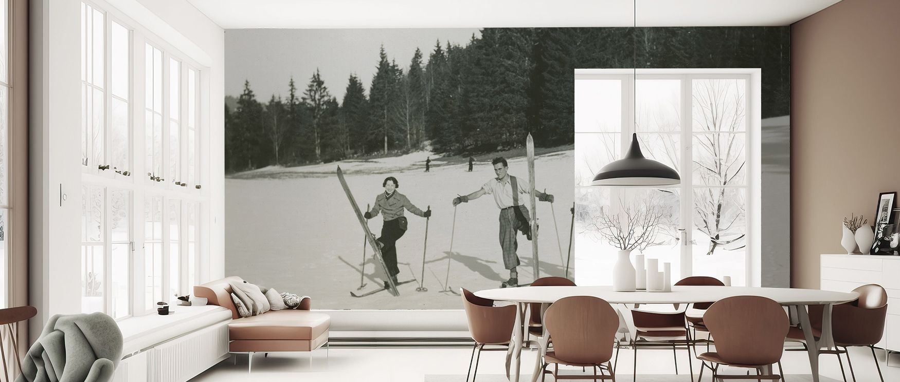 The Wooden Skis Wallpaper glimmers with rustic heritage, imagery painted in warm tones enrich interiors with atmosphere of refinement, surrounding bedrooms, hallways, or living rooms with artistry and timeless coziness. 