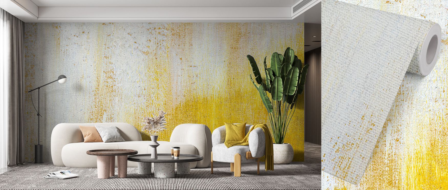 In the Yellow Merge Wallpaper, radiant tones glow with brilliance, enriching interiors with atmosphere of refinement, surrounding bedrooms, hallways, or dining areas with artistry that inspires brightness and timeless elegance. 