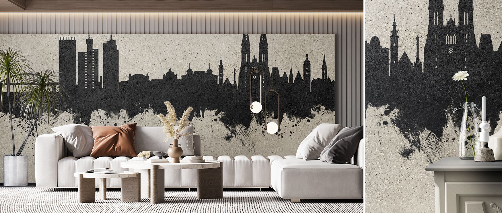 In the Zagreb Croatia Skyline Concrete Wallpaper, sleek tones layered with architectural silhouettes enrich interiors with atmosphere of refinement, surrounding bedrooms, living rooms, or offices with artistry and timeless charm. 