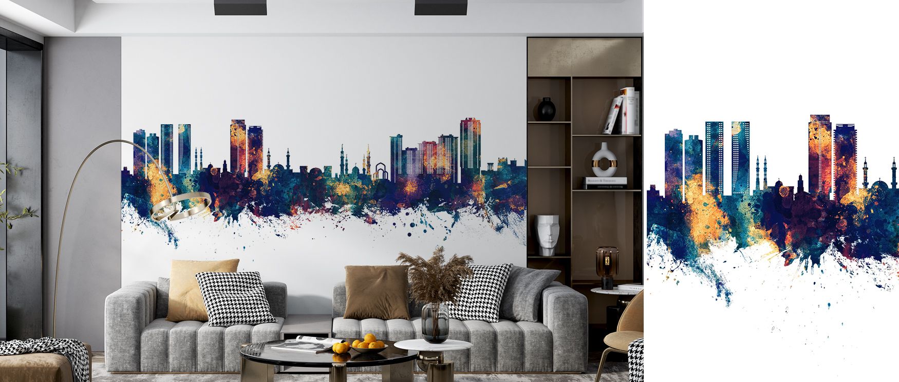 Radiant tones merge into skyline detailing, sustaining imagery alive with balance. Ajman Skyline Blue & Bronze Wallpaper enriches living rooms or lounges with atmosphere steeped in refinement, ensuring interiors glow with artistry shaped by culture. 