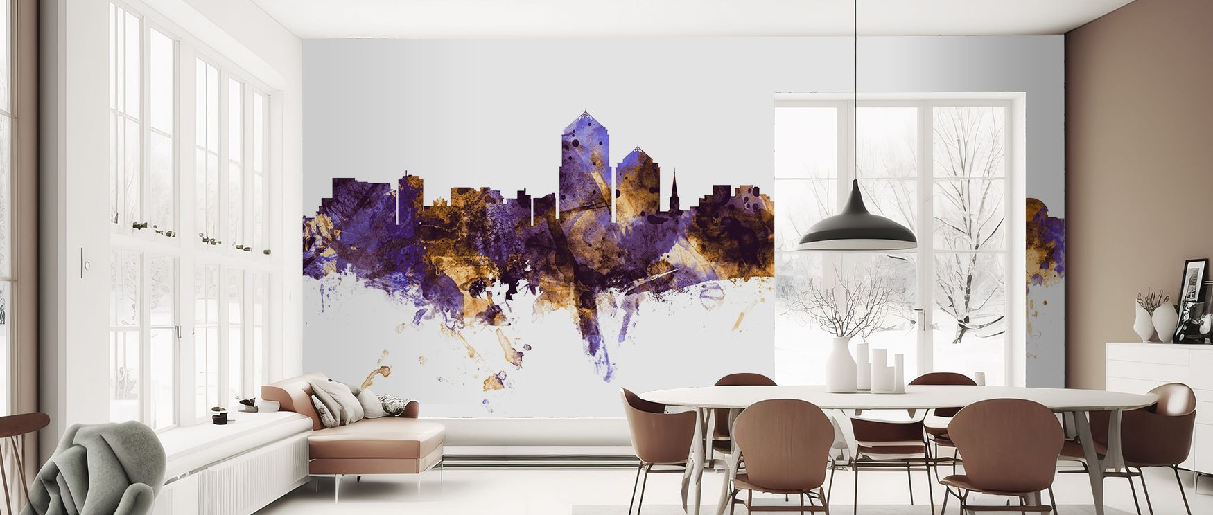 Regal silhouettes stretch across radiant composition, sustaining imagery alive with elegance. Albuquerque New Mexico Skyline Purple & Gold Wallpaper sustains dining or lounge spaces with atmosphere enriched by refinement, ensuring interiors glow with arti