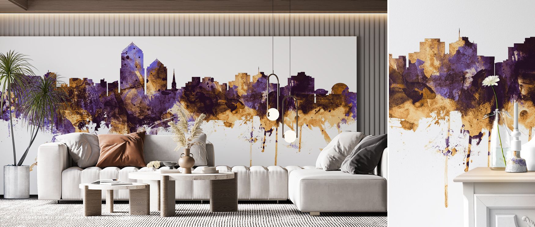 Radiant hues ripple through city outlines, producing imagery alive with grandeur. Albuquerque New Mexico Skyline Purple & Gold Wallpaper enriches bedrooms or living spaces with atmosphere steeped in culture, ensuring interiors glow with artistry shaped by