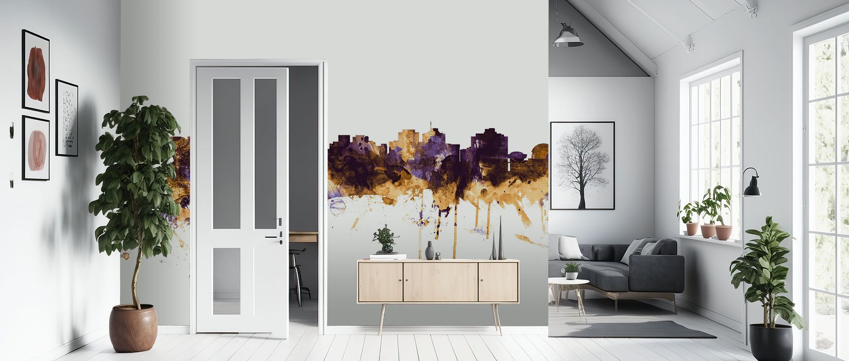 Regal rhythm thrives within skyline imagery, producing atmosphere filled with elegance. Albuquerque New Mexico Skyline Purple & Gold Wallpaper enriches bedrooms or dining areas with atmosphere steeped in culture, ensuring interiors glow with artistry shap