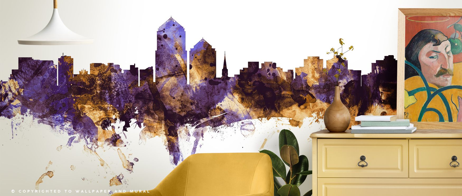 Skyline imagery glows with luminous refinement, producing atmosphere steeped in heritage. Albuquerque New Mexico Skyline Purple & Gold Wallpaper enriches lounges or bedrooms with atmosphere steeped in sophistication, ensuring interiors glow with artistry 