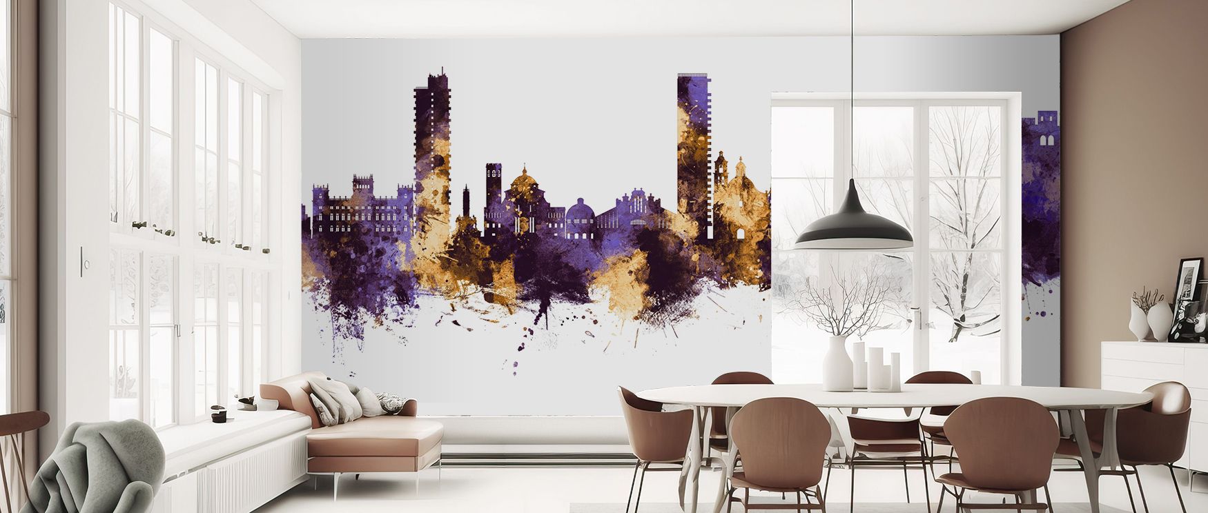 Radiant accents in Alicante Spain Skyline Purple & Gold Wallpaper illuminate architectural horizons, creating glowing atmospheres filled with cultural depth, bold beauty, and timeless refinement, enriching lounges or bedrooms with shimmering tonal contras