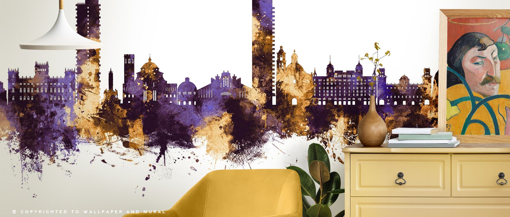 Twilight richness in Alicante Spain Skyline Purple & Gold Wallpaper rises through layers of deep tones, giving silhouettes radiant presence, surrounding interiors with luminous charm, elegance, and cultural refinement that enhances bedrooms, lounges, or l