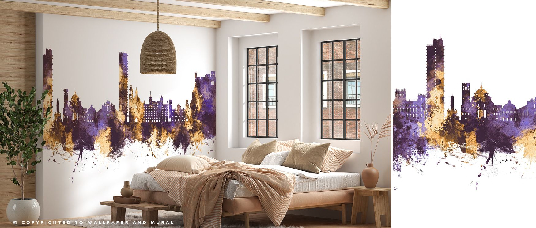 Golden highlights within Alicante Spain Skyline Purple & Gold Wallpaper crown purple foundations with elegance, giving interiors cultural resonance and radiant depth, presenting living rooms or lounges with atmosphere filled with brilliance, drama, and po