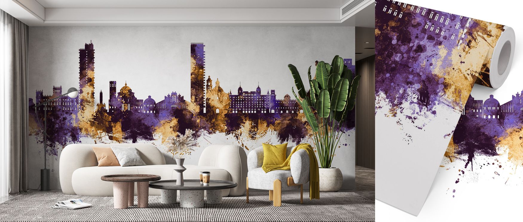 Shimmering tones in Alicante Spain Skyline Purple & Gold Wallpaper spread across skyline details, enriching bedrooms or dining areas with luminous presence, guiding interiors into radiant atmosphere filled with cultural charm, timeless elegance, and glowi