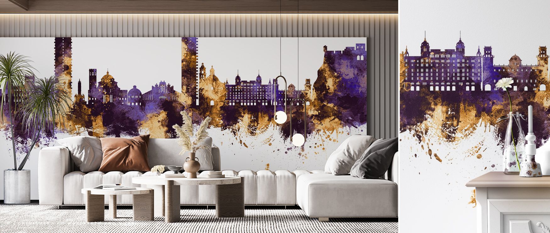Illuminated horizons of Alicante Spain Skyline Purple & Gold Wallpaper glow with contrasts between shadow and brilliance, surrounding interiors with cultural richness, atmosphere of grandeur, and dramatic refinement that enriches living rooms, lounges, or