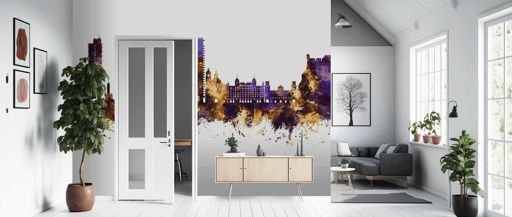 Dramatic tones in Alicante Spain Skyline Purple & Gold Wallpaper blend deep purples with golden radiance, carrying cultural beauty across surfaces, creating interiors filled with luminous depth, refined elegance, and bold atmosphere, transforming bedrooms