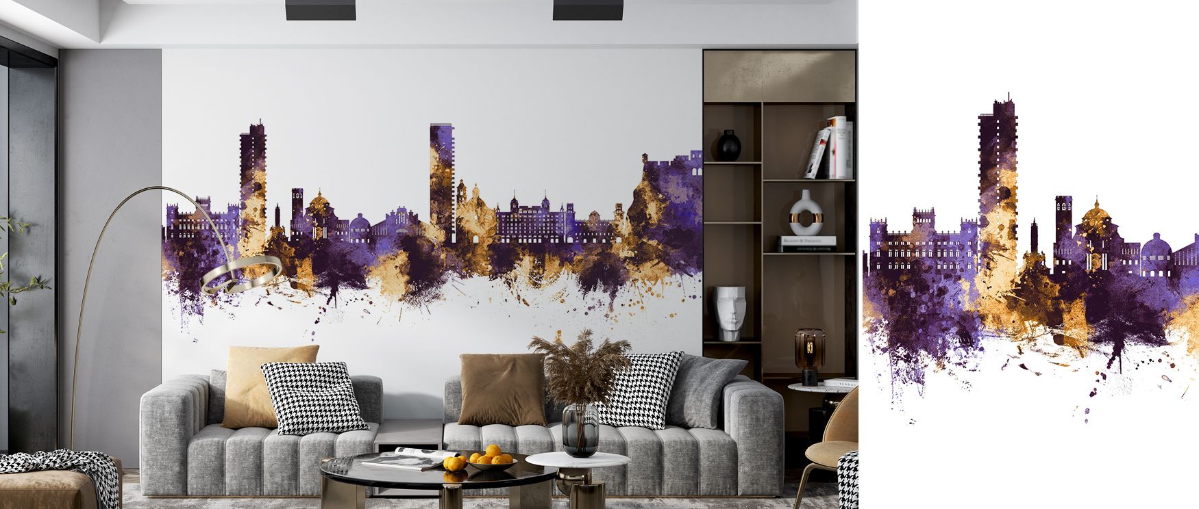Poetic elegance of Alicante Spain Skyline Purple & Gold Wallpaper shines through contrasts of tone, enriching living rooms or lounges with atmosphere marked by cultural brilliance, dramatic presence, and glowing refinement, giving interiors harmony infuse
