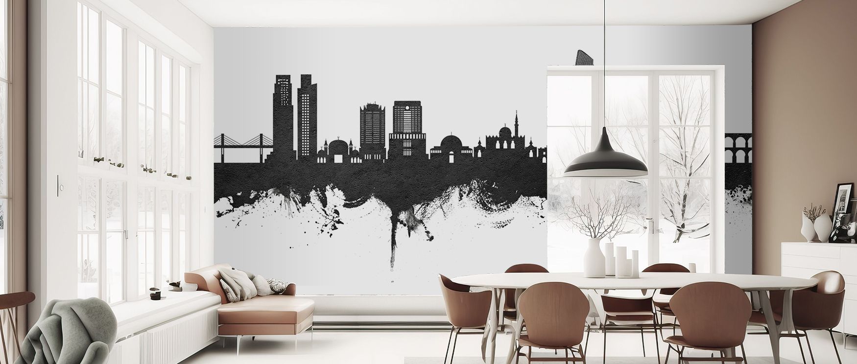 Shadows in Amman Skyline Black & White Wallpaper extend across architectural silhouettes, presenting interiors with timeless refinement, cultural depth, and urban calm that enhances bedrooms or lounges with elegance shaped in balance between light and dar