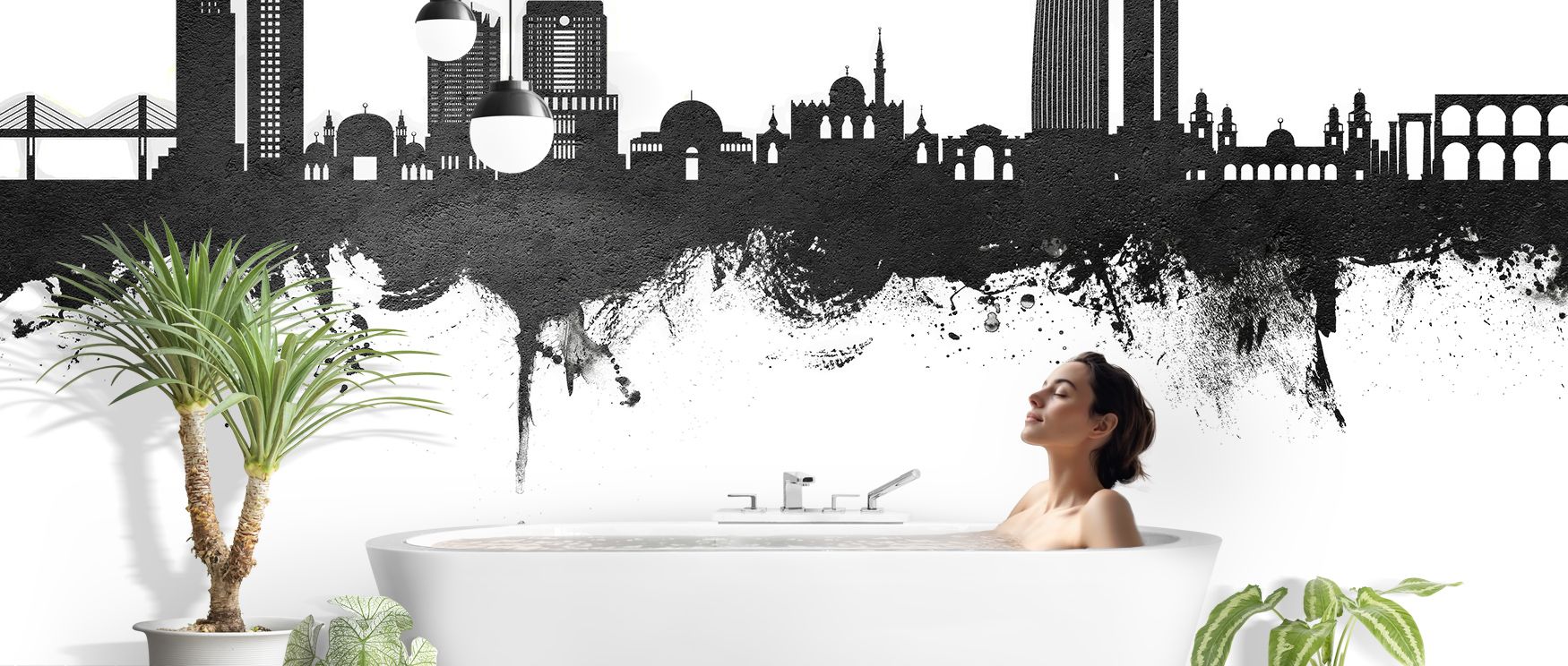 Monochrome tones in Amman Skyline Black & White Wallpaper balance detail and subtlety, enriching lounges or dining rooms with cultural refinement, elegant strength, and calm atmosphere built on architectural grounding expressed in shadow and light. 