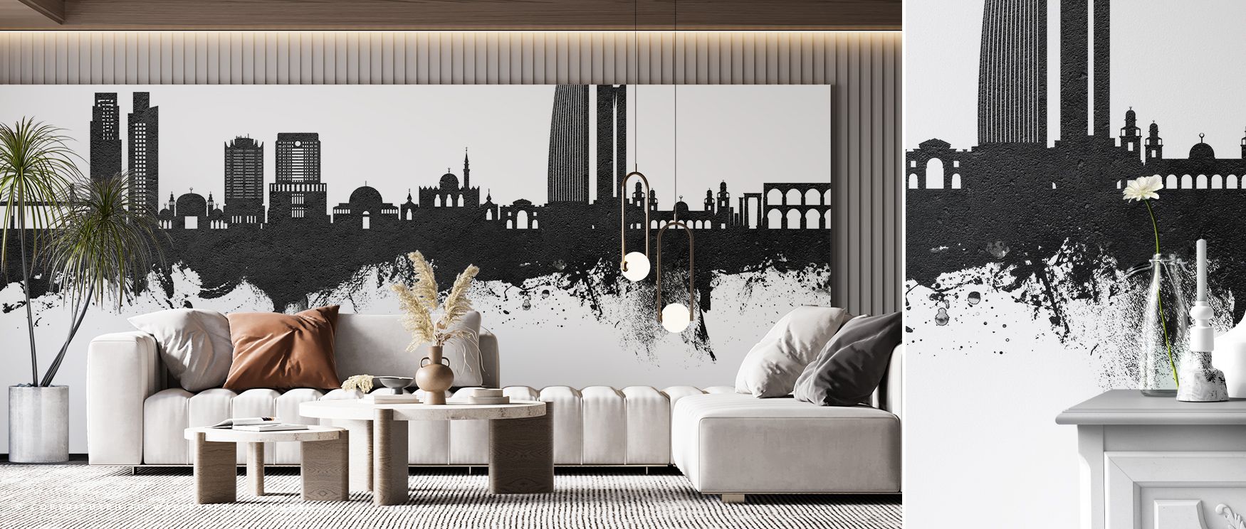 Architectural forms in Amman Skyline Black & White Wallpaper rise across muted contrasts, shaping bedrooms or lounges with elegance, cultural presence, and timeless poise, presenting interiors that flourish under monochrome beauty and design depth. 