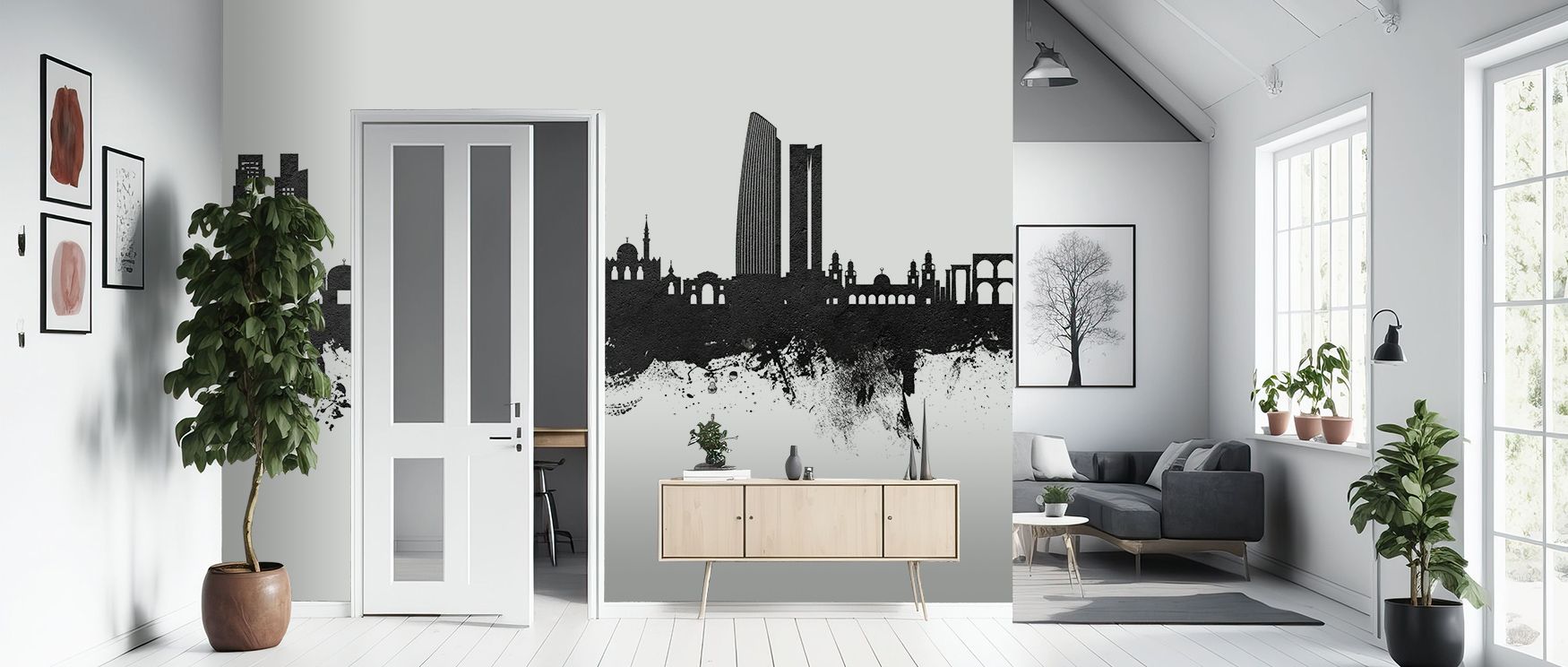 Silhouetted horizons in Amman Skyline Black & White Wallpaper frame the city’s skyline with restrained clarity, surrounding interiors with cultural atmosphere, calm permanence, and balanced refinement that enrich bedrooms or living spaces. 