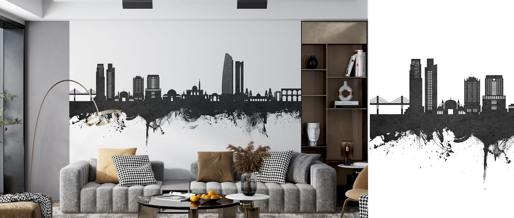Cultural resonance in Amman Skyline Black & White Wallpaper flows through monochrome layers, building lounges or bedrooms into interiors guided by elegance, calm depth, and subtle strength expressed through architectural harmony and contrast. 