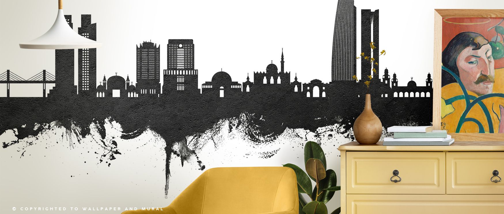 Refined outlines in Amman Skyline Black & White Wallpaper present urban memory in muted tones, offering lounges or bedrooms serenity, strength, and balance, building interiors into calm cultural expressions of monochrome elegance. 