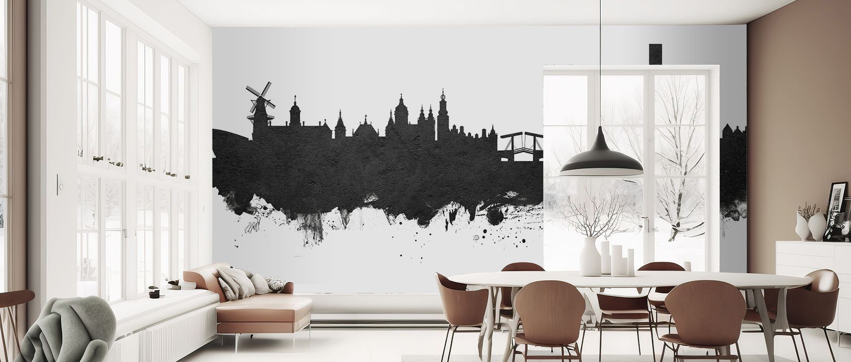 Contrasts developed in Amsterdam Skyline Black & White Wallpaper highlight architectural presence, surrounding interiors with elegance, cultural refinement, and calm atmosphere, guiding living rooms or lounges into spaces enriched by heritage and monochro