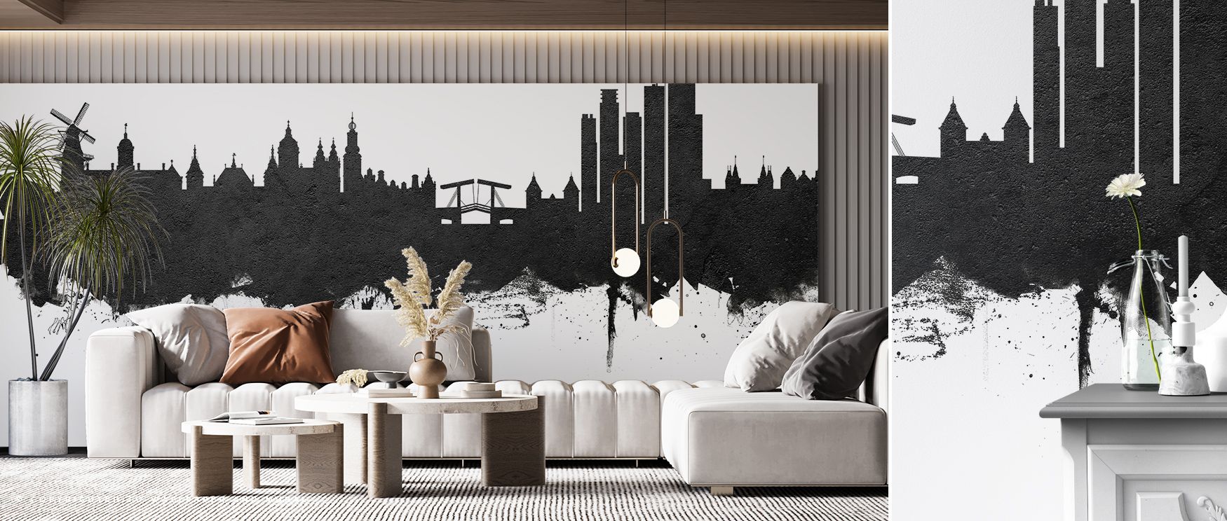 Heritage reflected in Amsterdam Skyline Black & White Wallpaper emerges through skyline contrasts, offering living rooms or lounges atmosphere guided by refinement, cultural grounding, and elegant permanence expressed in monochrome tones. 