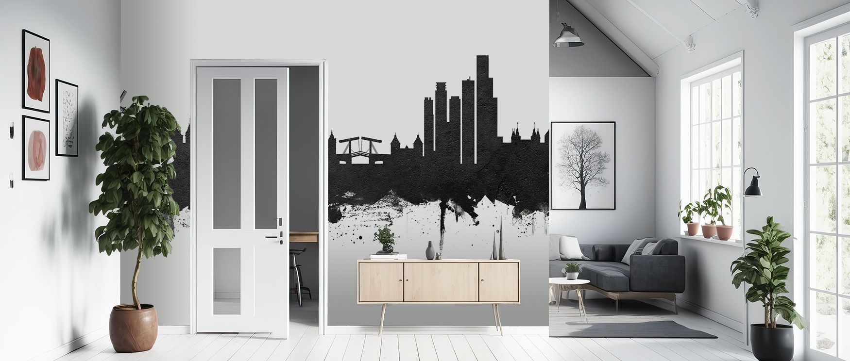 Rhythm within Amsterdam Skyline Black & White Wallpaper carries silhouettes across surfaces, giving bedrooms or dining rooms cultural resonance, calm atmosphere, and timeless design qualities that nurture interiors with architectural elegance. 