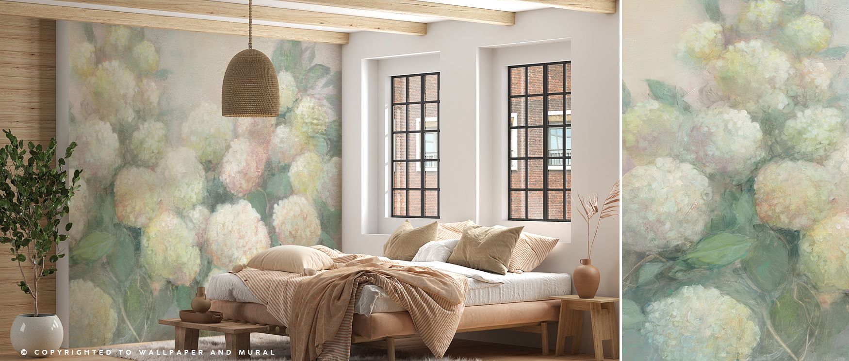 Blossoms across Annabelle Hydrangeas Wallpaper create poetic atmosphere, surrounding bedrooms or living rooms with serenity, floral harmony, and cultural beauty, building interiors into timeless gardens enriched by delicate presence and calm refinement ex