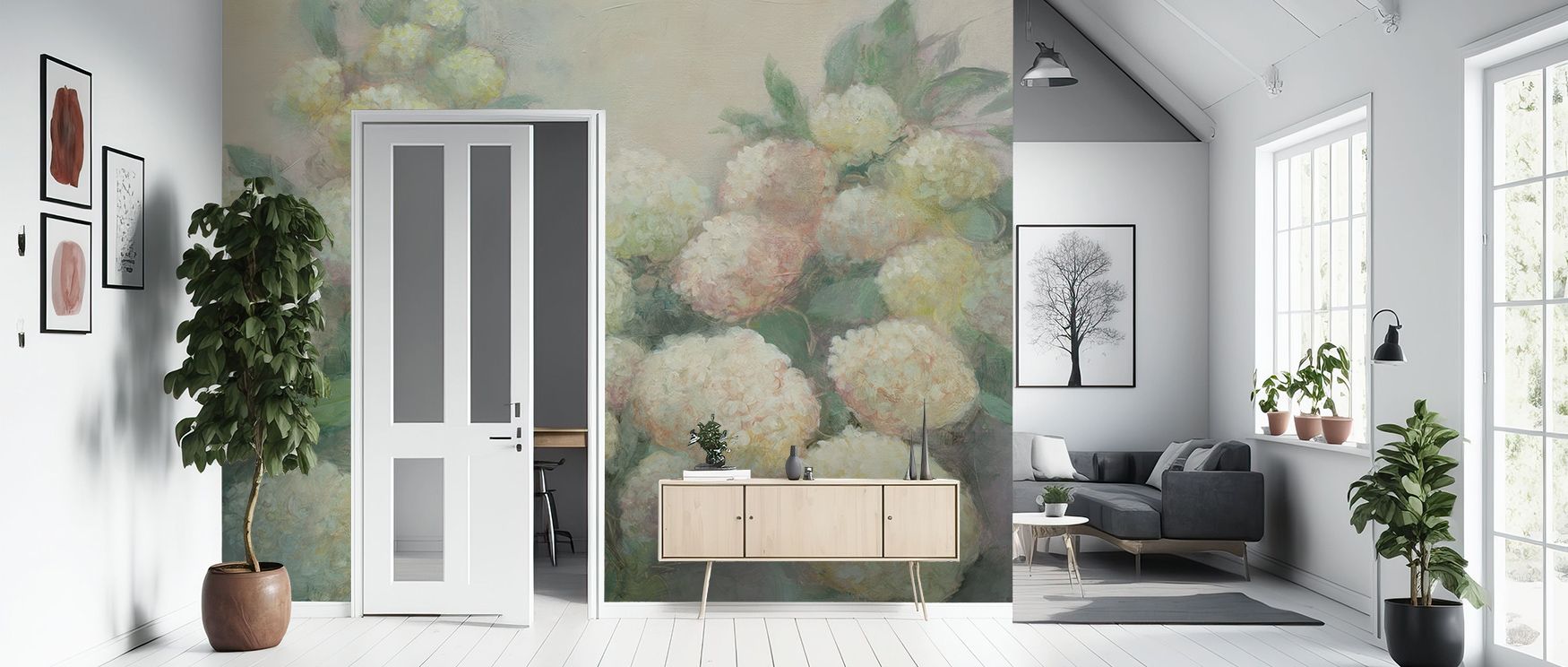 Floral grace in Annabelle Hydrangeas Wallpaper emerges from petal clusters that carry serenity across interiors, surrounding bedrooms or dining rooms with atmosphere enriched by botanical calm, timeless charm, and elegant resonance that turns walls into l