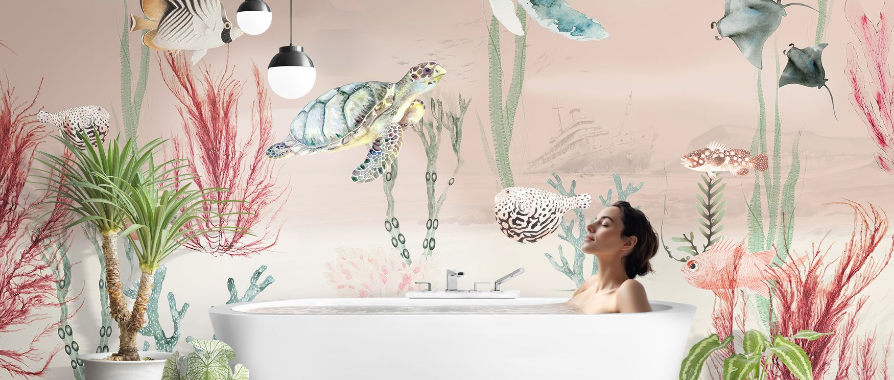 Blush layers in Aqua Adventure Blush Wallpaper flow across surfaces, presenting lounges or bedrooms with atmosphere enriched by cultural charm, lively warmth, and refined elegance, turning interiors into spaces filled with rhythm, artistry, and timeless r