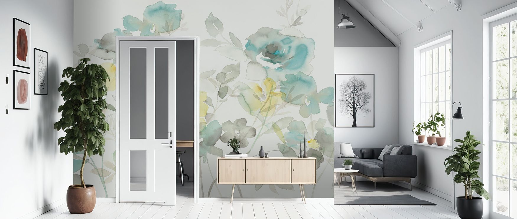 Shadowed blooms in Aqua Roses Shadows Wallpaper carry poetic presence across surfaces, guiding bedrooms or lounges into serenity, cultural charm, and floral elegance, building interiors with calm resonance, subtle refinement, and timeless atmosphere layer