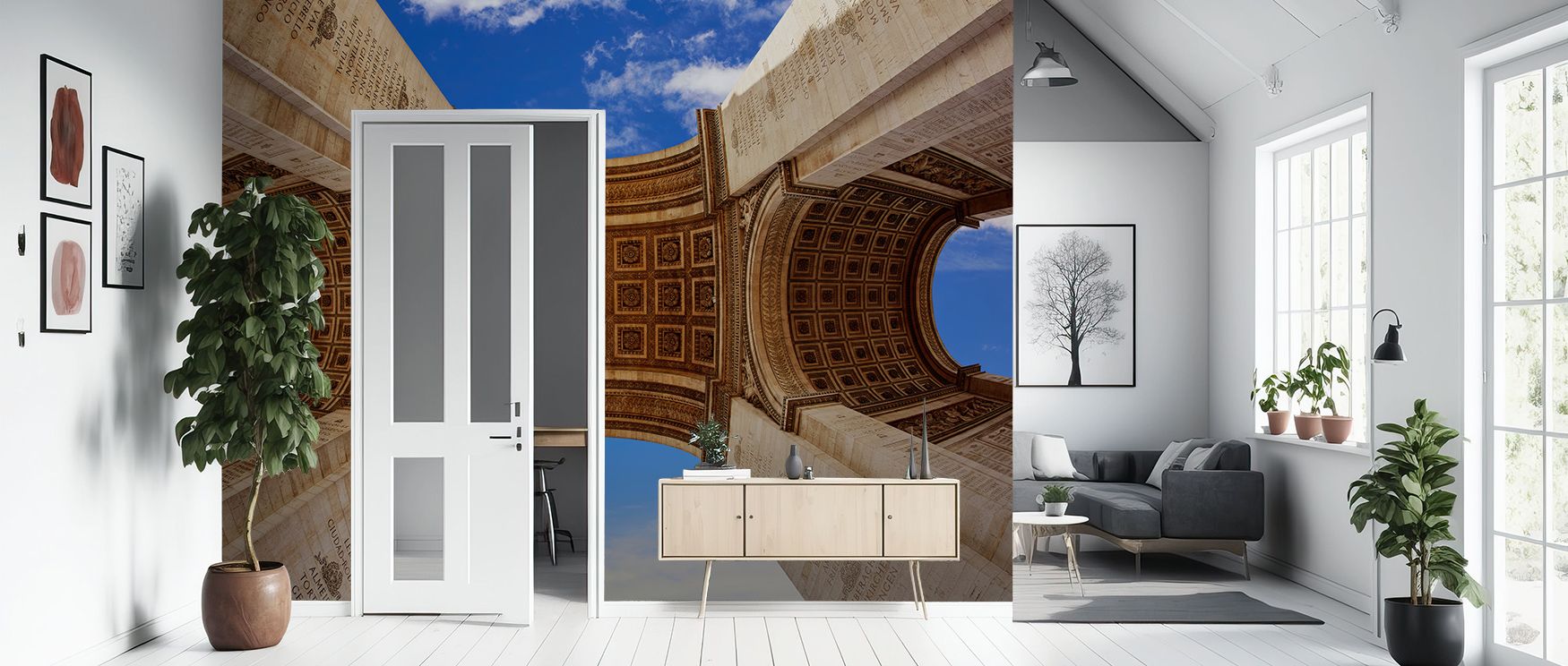 Shadows across Arc de Triomphe in Paris Wallpaper highlight architectural clarity, enriching bedrooms or lounges with atmosphere of cultural grounding, permanence, and elegance, guiding interiors into heritage-inspired atmospheres filled with resonance an