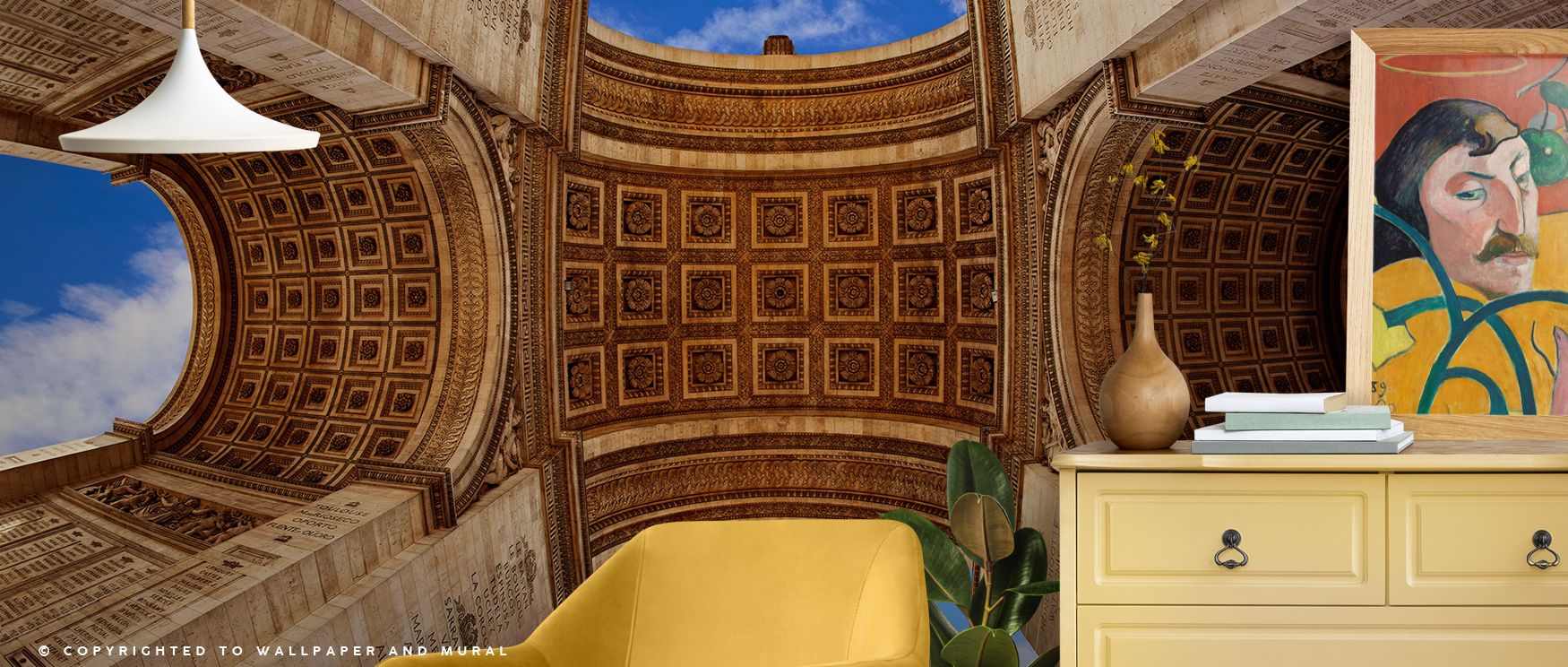 Heritage shines in Arc de Triomphe in Paris Wallpaper through timeless lines, presenting living rooms or lounges with atmosphere enriched by permanence, cultural charm, and architectural beauty, creating interiors marked by sophistication and historical e
