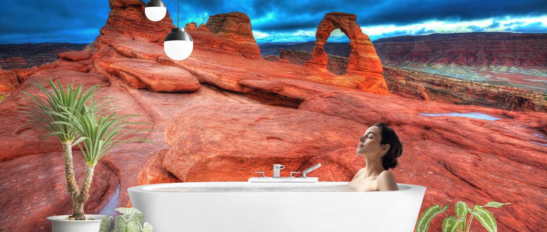 Rock formations rise in Arches National Park Wallpaper across warm tones, presenting lounges or bedrooms with atmosphere enriched by cultural grounding, natural resonance, and serene majesty, turning interiors into landscapes filled with permanence, balan