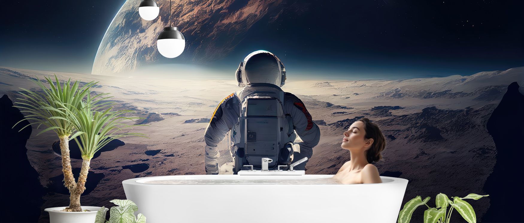 Figures float in Astronaut Break Wallpaper across cosmic backdrops, presenting bedrooms or lounges with atmosphere of playfulness, futuristic charm, and cultural resonance, transforming interiors into imaginative spaces enriched by balance of calmness, ad
