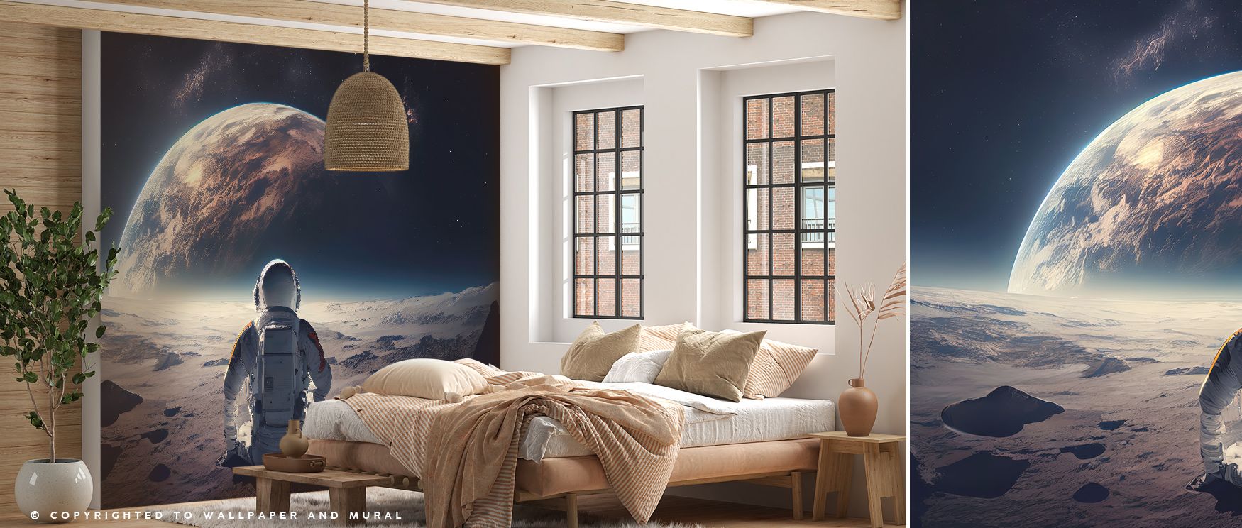 Weightless energy shines in Astronaut Break Wallpaper as astronaut motifs drift with curiosity, surrounding living rooms or playrooms with atmosphere of creativity, cultural charm, and cosmic resonance, turning interiors into lively spaces enriched by fut