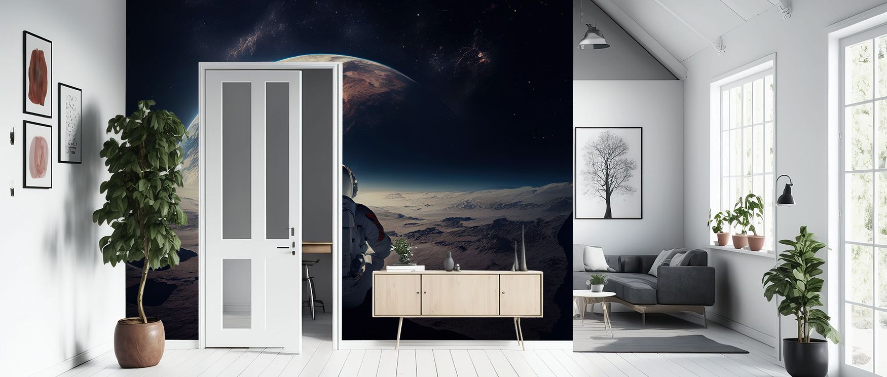 Playful rhythm flows in Astronaut Break Wallpaper as figures appear suspended, presenting bedrooms or lounges with atmosphere of imaginative charm, cultural refinement, and cosmic resonance, enriching walls with futuristic elegance and lively energy. 