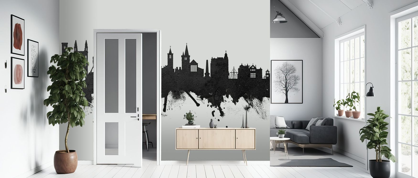 Radiance flows in Atlanta Georgia Skyline Blue & Bronze Wallpaper through color contrasts, surrounding living rooms or lounges with atmosphere of cultural resonance, calm refinement, and elegant grounding, turning interiors into spaces enriched by luminou
