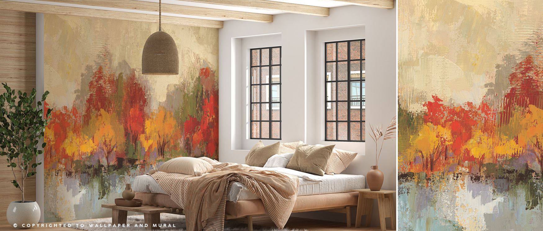 Golden hues unfold in Autumn River Reflection Wallpaper through mirrored landscapes, surrounding living rooms or bedrooms with atmosphere enriched by cultural grounding, seasonal refinement, and elegant charm, building interiors into warm expressions of t