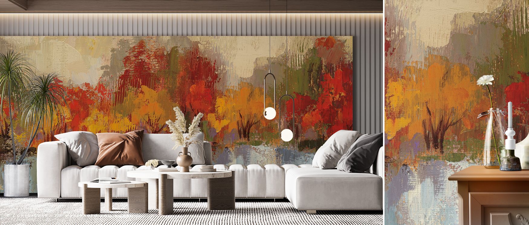 Poetic reflections shine in Autumn River Reflection Wallpaper across autumnal colors, presenting lounges or dining spaces with atmosphere filled with cultural resonance, calm refinement, and timeless charm, enriching interiors with seasonal elegance shape
