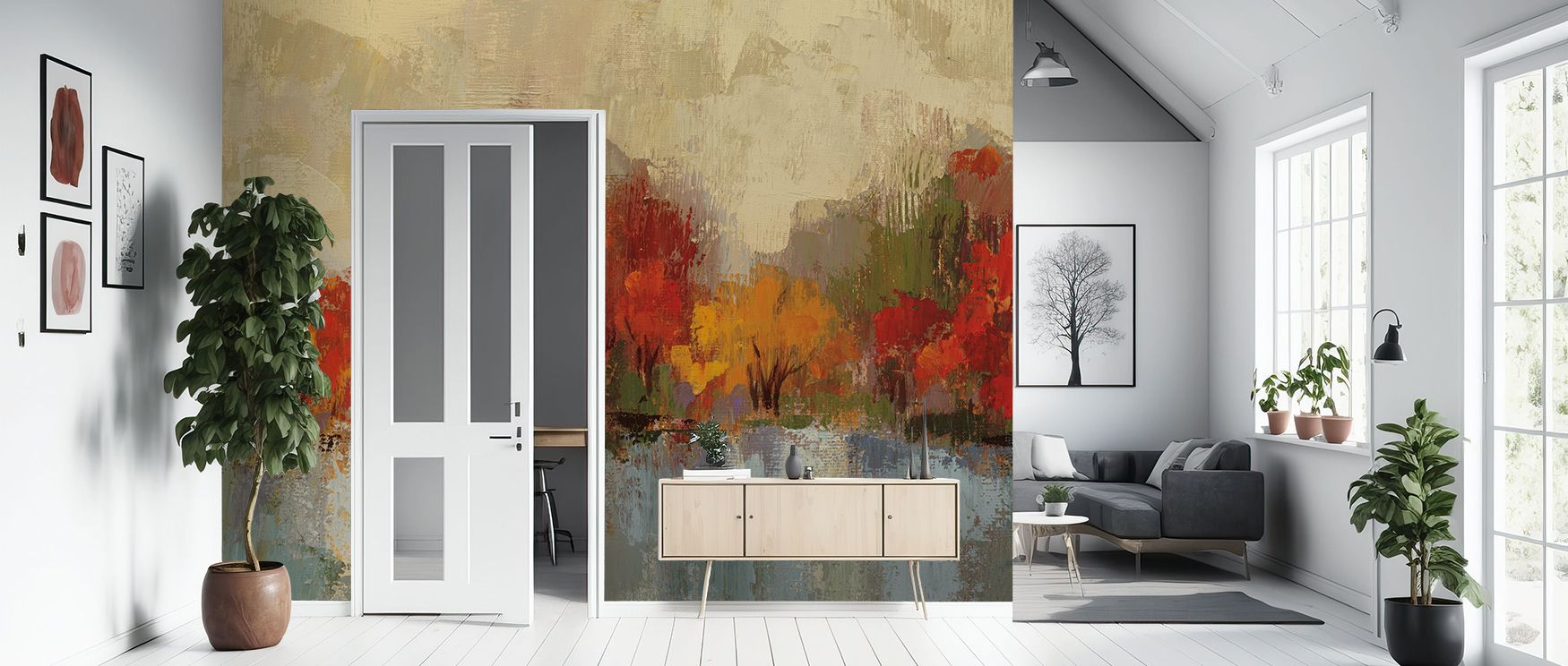 Warm hues move through Autumn River Reflection Wallpaper as mirrored tones build resonance, enriching bedrooms or lounges with atmosphere of cultural refinement, timeless elegance, and seasonal charm, nurturing interiors into spaces guided by autumnal art